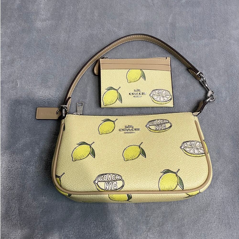 Coach Nolita 19 2pc Set Shoulder Bag Wristlet Yellow Lemon Print Leather NWOT